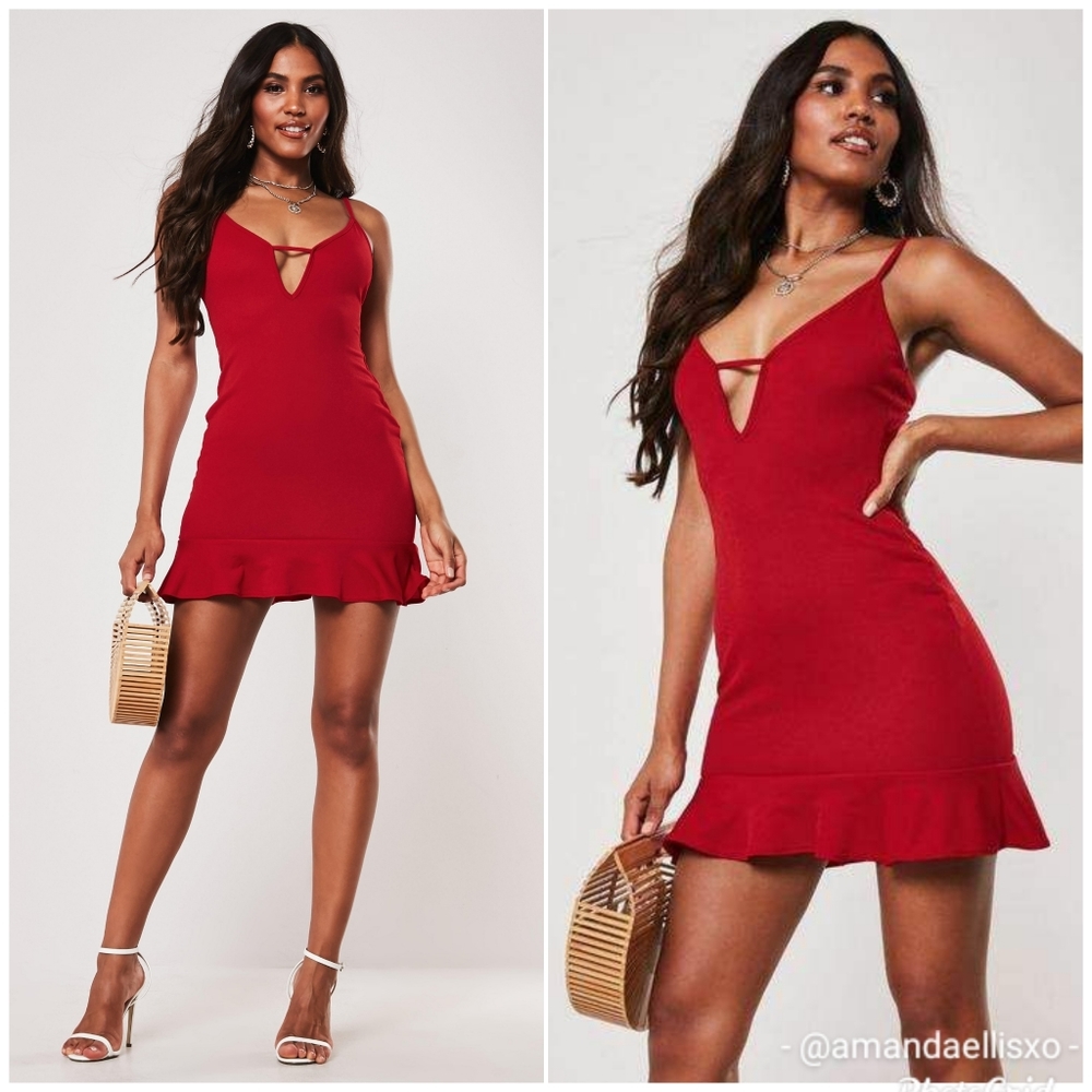 Missguided Frill Hem Plunge Mini Dress Red
